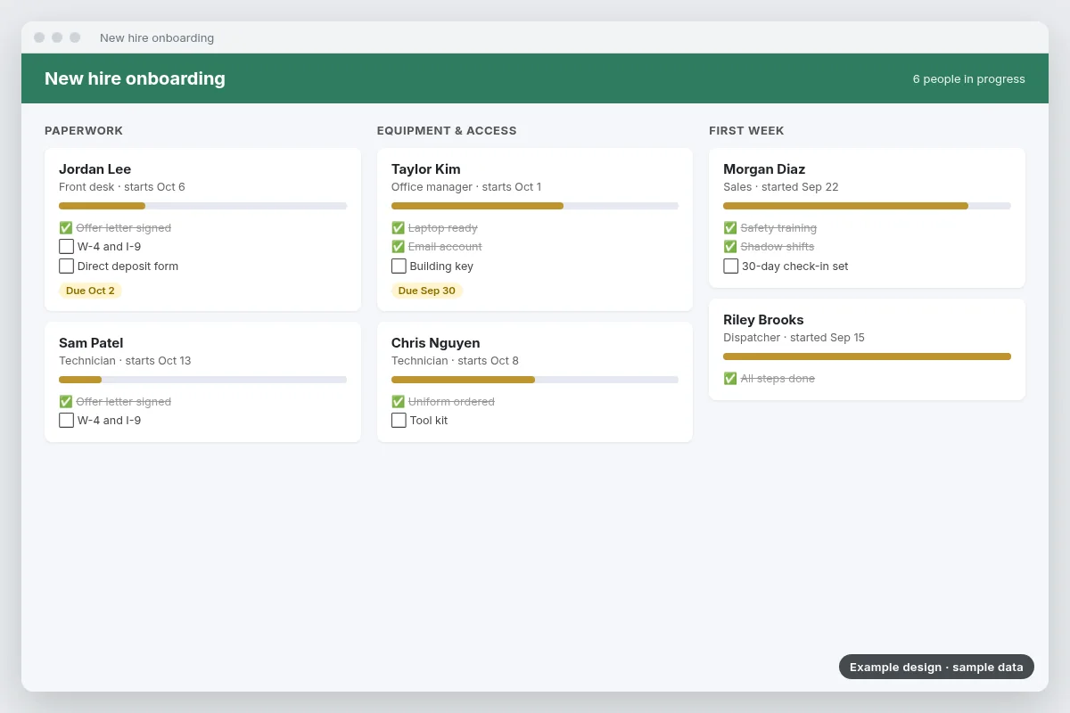 Example design: new-hire onboarding tracker with sample data
