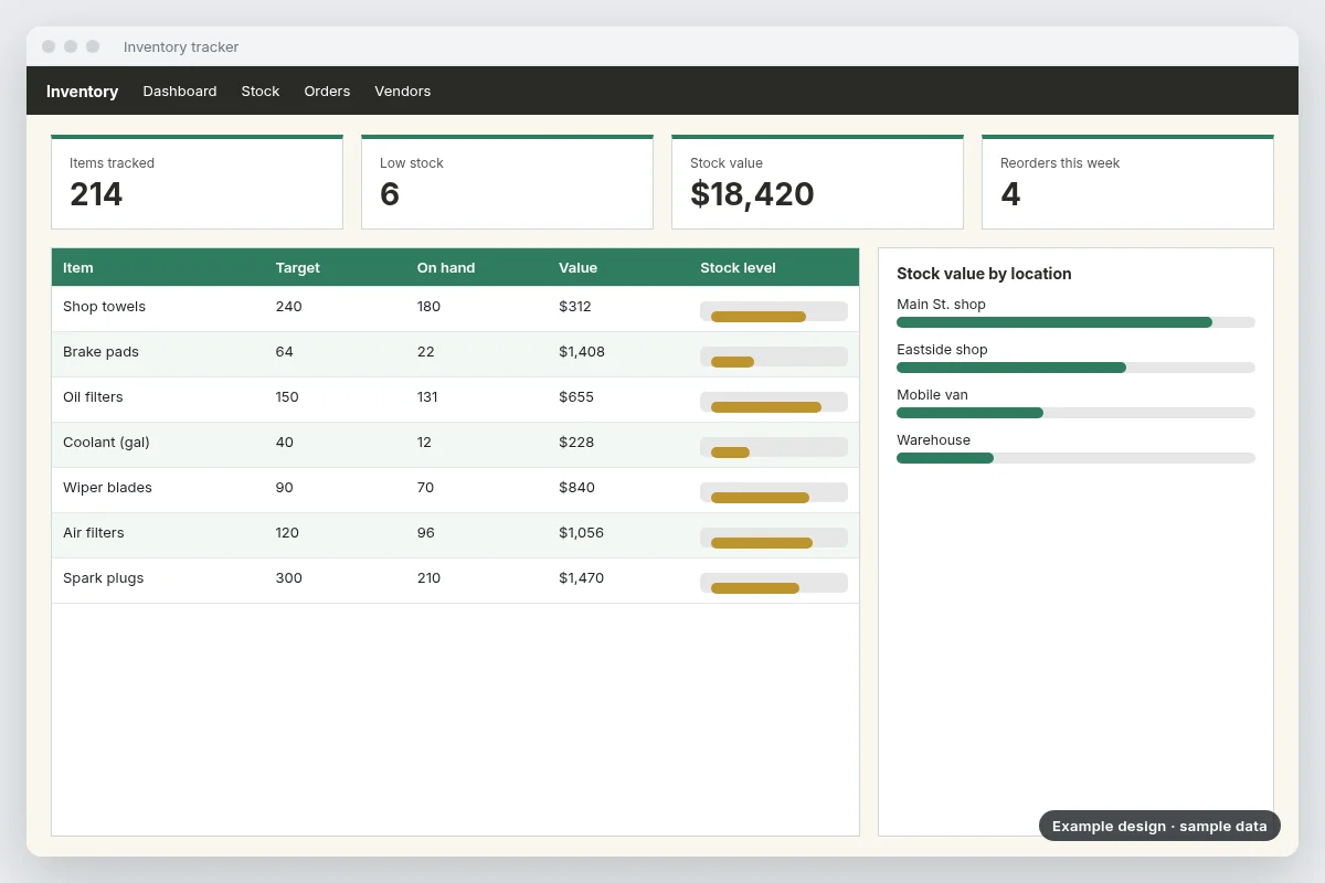 Example design: inventory tracker with sample data