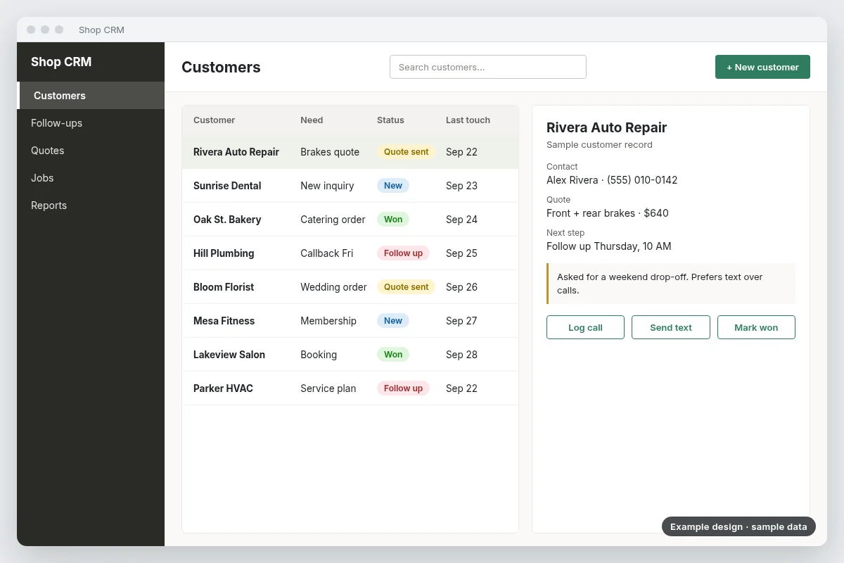 Example design: shop CRM app with sample data